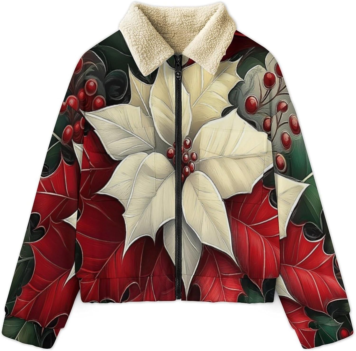 Womens Fleece Jacket with Holly leaves berries Printed, Zip Up Lapel Sherpa Lined Coats,Casual Winter Warm Outwear