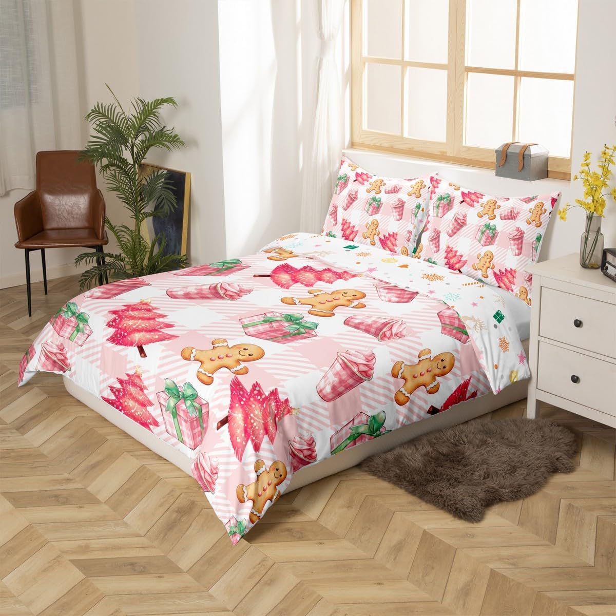 Feelyou Pink Christmas Comforter Cover Set Cute Christmas Tree Gingerbread Man Duvet Cover Set for Kids Bedroom Queen Size Soft Plaid Quilt Cover, No Comforter