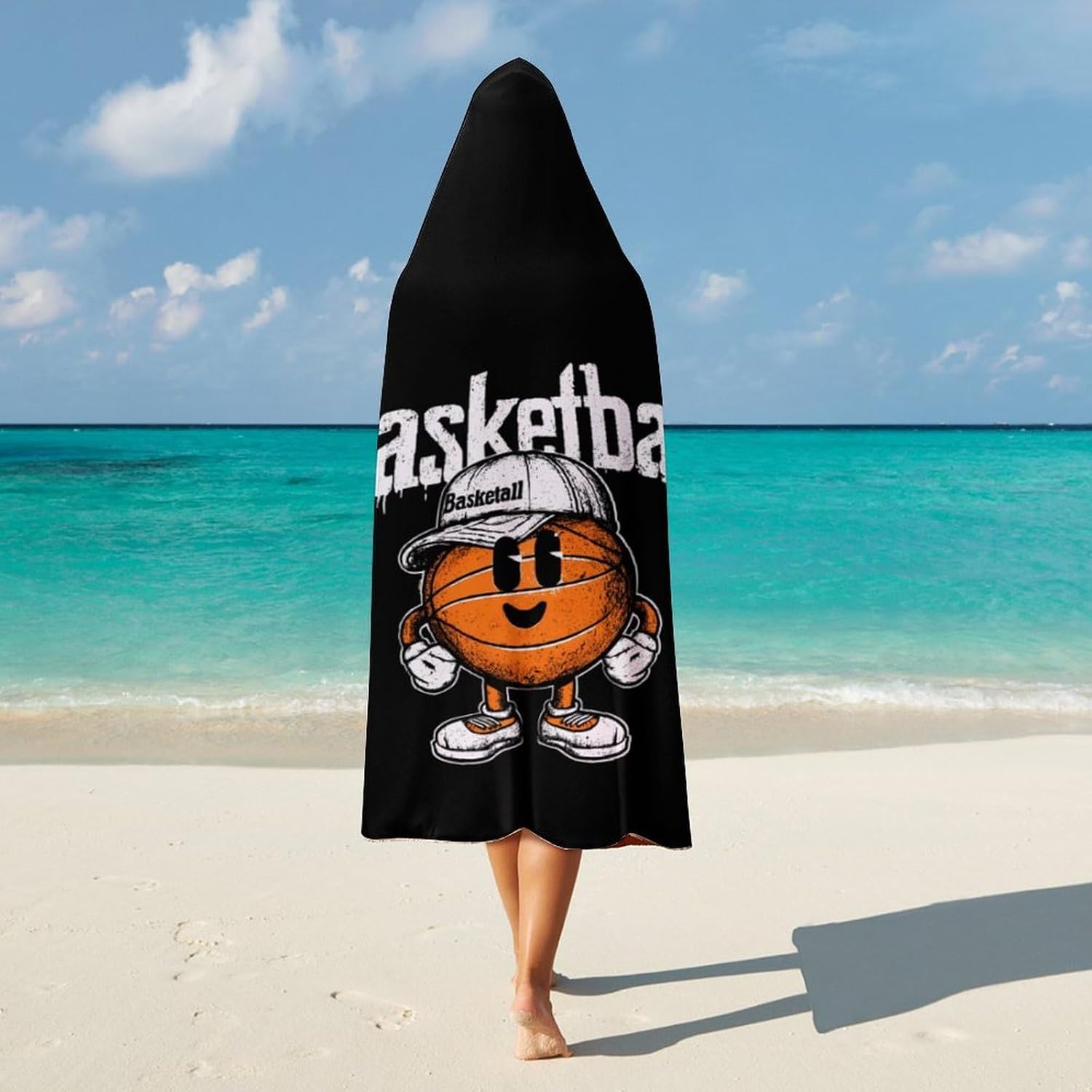 Funny Basketball Print Wearable Blanket Oversized Throw Cape | Cozy Hooded Blanket Gifts for Women Men