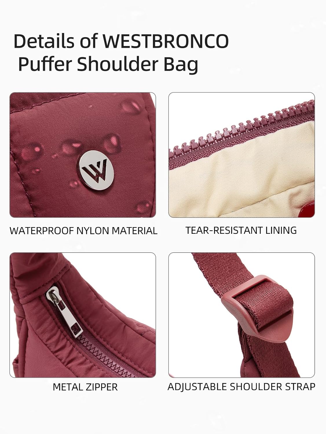 WESTBRONCO Small Puffer Crescent Shoulder Bag for Women, Nylon Quilted Shoulder Purses, Puffy Handbags with Adjustable Strap