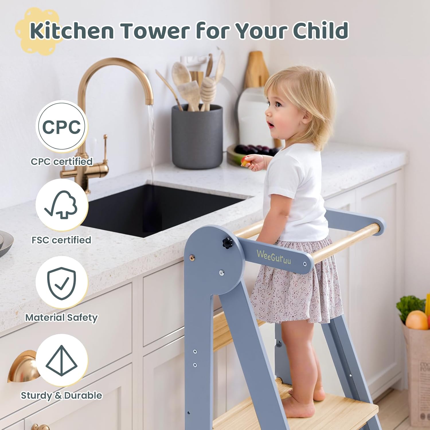 Foldable Toddler Standing Tower, Height Adjustable Kitchen Tower with Safety Rails and Anti-Slip Device, Wooden Kids Kitchen Stool Helper for Ages 18 Months to 6 Years - Blue Grey