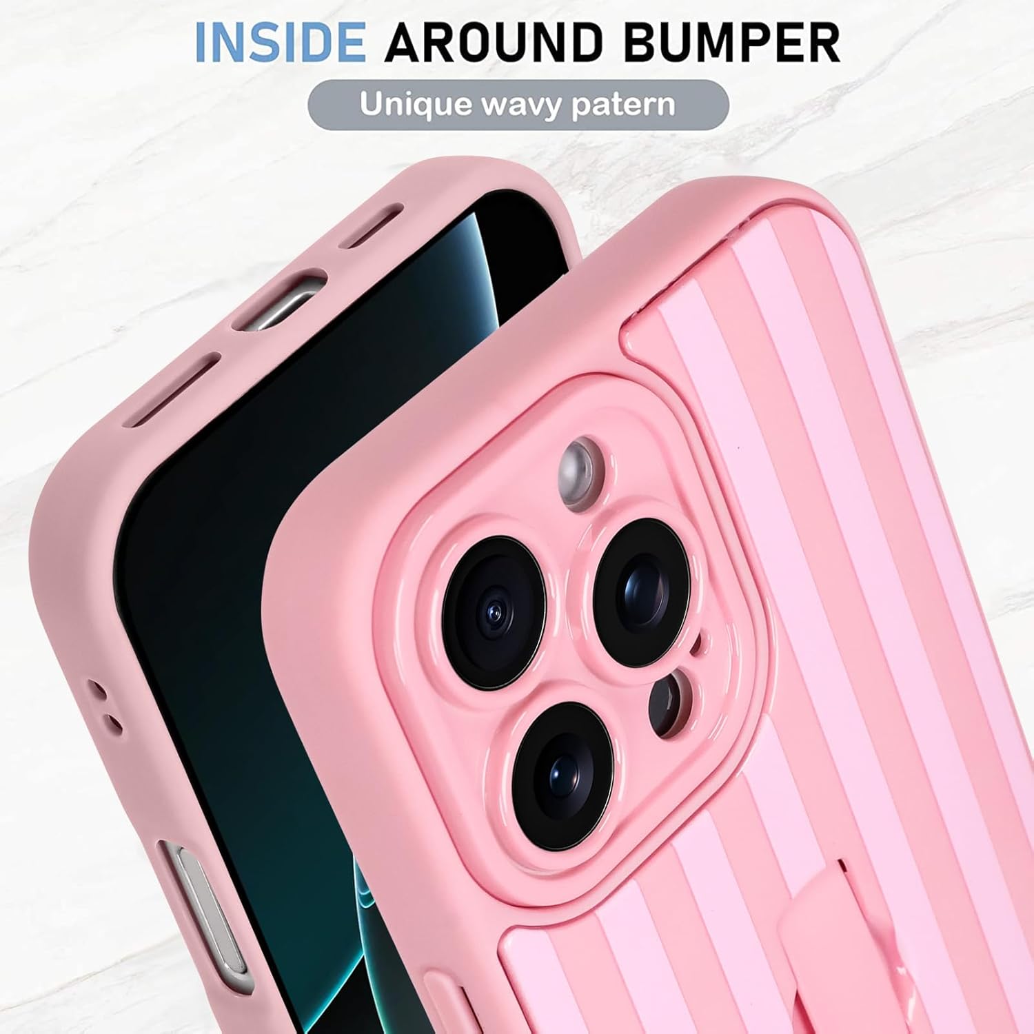 KANGHAR Compatible with iPhone 16 Pro Case, Silicone Stripes Cute Pattern, Wristband Kickstand Camera Protection Soft Slim Cover for Girls Women -Pink