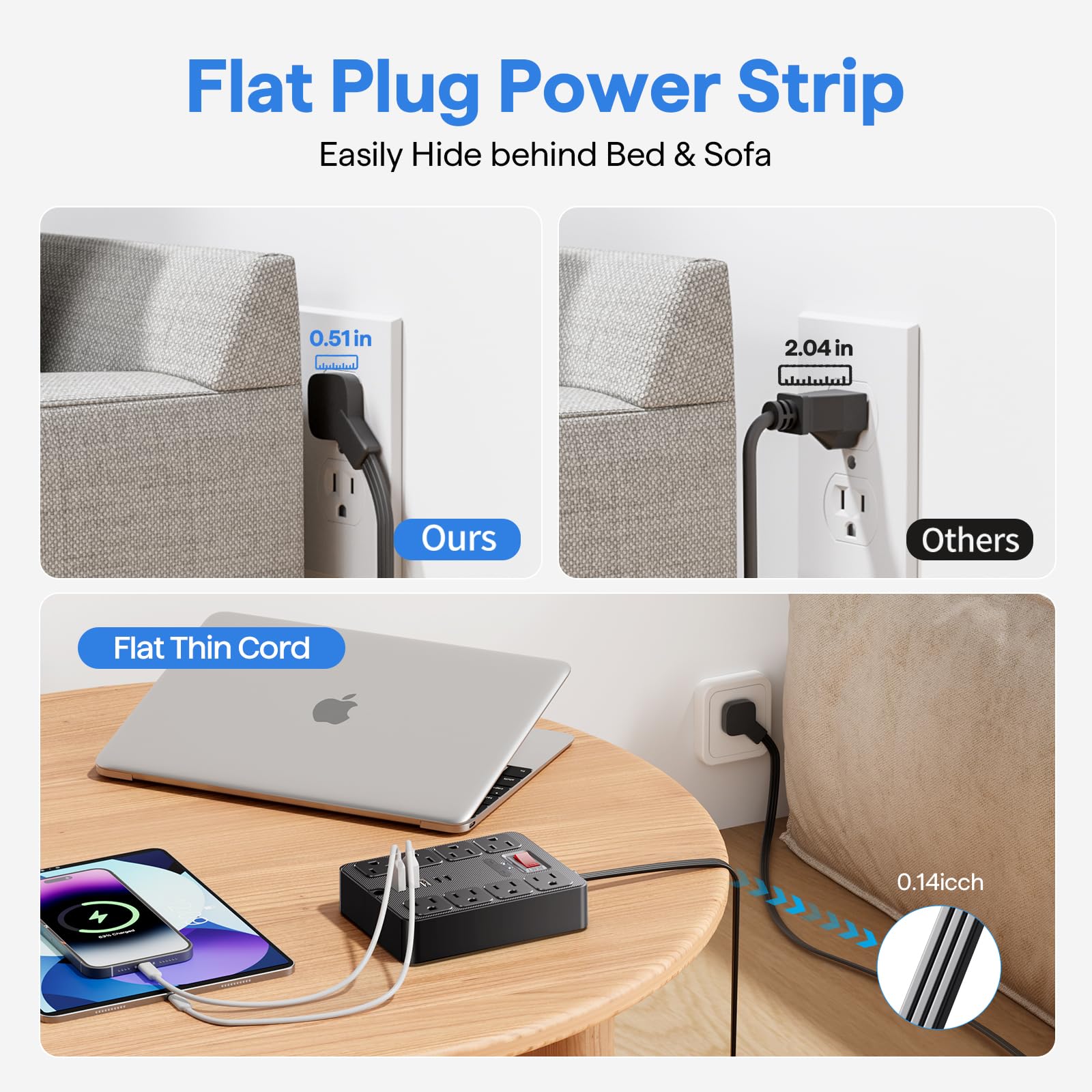 Conector plano 14 en 1 con protección contra sobretensiones, 8 enchufes de CA anchos, 4 puertos USB, 1250 W/10 A, cable de extensión de 5 pies con múltiples enchufes, extensión de computadora para