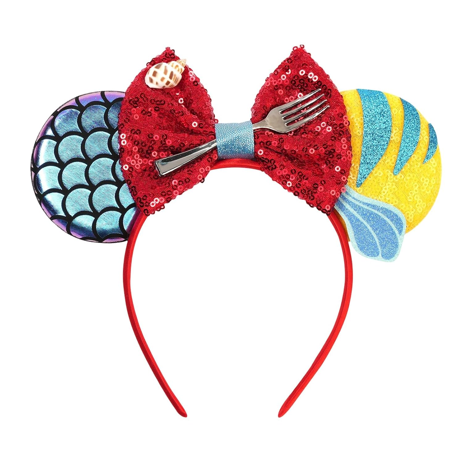 bianbaistar Mermaid Style Mouse Ears Headband, Red Sequin Bow with Seashell Fork Decor, Stretchy Lightweight Hair Hoop for Adults & Women, Ocean Theme Accessory for Theme Park Party Cosplay