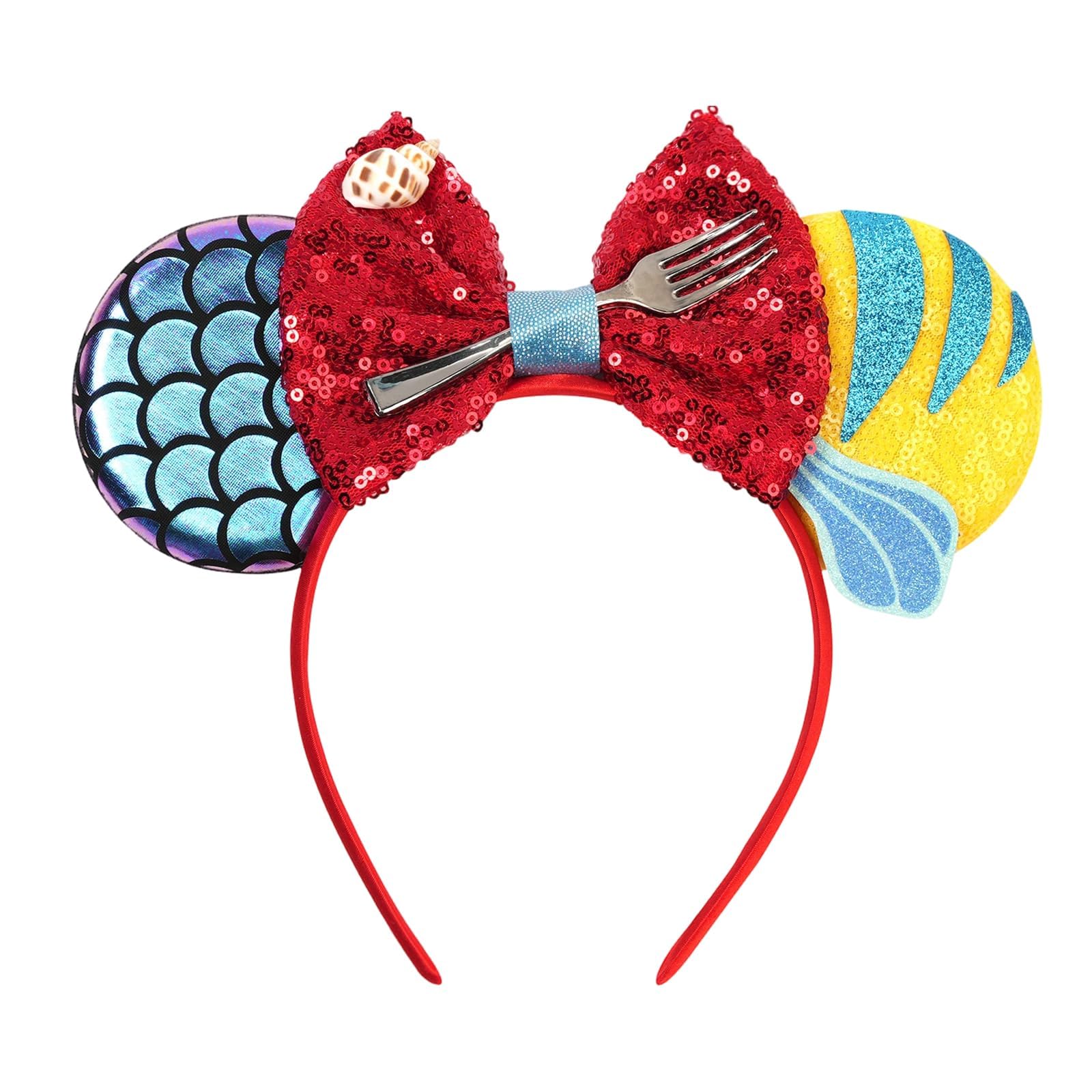 bianbaistar Mermaid Style Mouse Ears Headband, Red Sequin Bow with Seashell Fork Decor, Stretchy Lightweight Hair Hoop for Adults & Women, Ocean Theme Accessory for Theme Park Party Cosplay