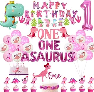 Dinosaur 1st Birthday Decorations Girlï¼ŒOneasaurus Dino First Birthday Party,Pink Dinosaur 1st Birthday Decorations,Dinosaur Banner, Dinosaur First Birthday Decor, Dino High Chair.