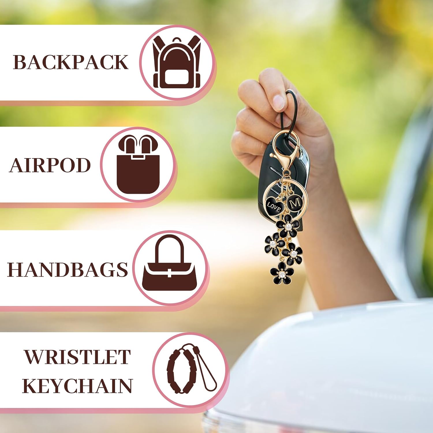Initial Letter Keychain for Girls Flower Heart Kids Keyring Charms for Bag Handbag Backpack image 2