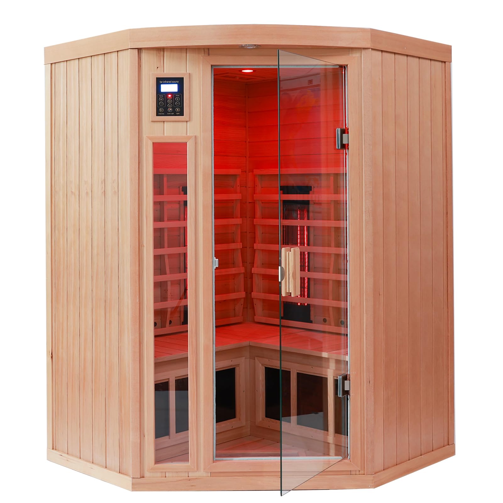 Ceramic Infrared Sauna 2-3 Person Far Infrared Saunas for Home Low EMF Indoor Home Sauna Hemlock Wooden Corner Sauna Room w/Bluetooth Speaker, LED Reading Lamp, Chromotherapy Light