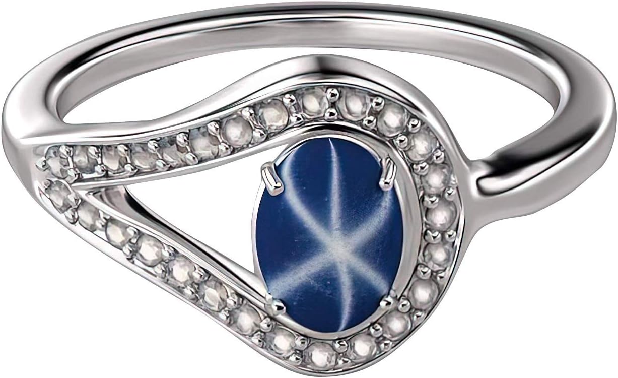 Genuine Blue Star Sapphire and Topaz Ring Sterling Silver 925 / Oval-Shaped
