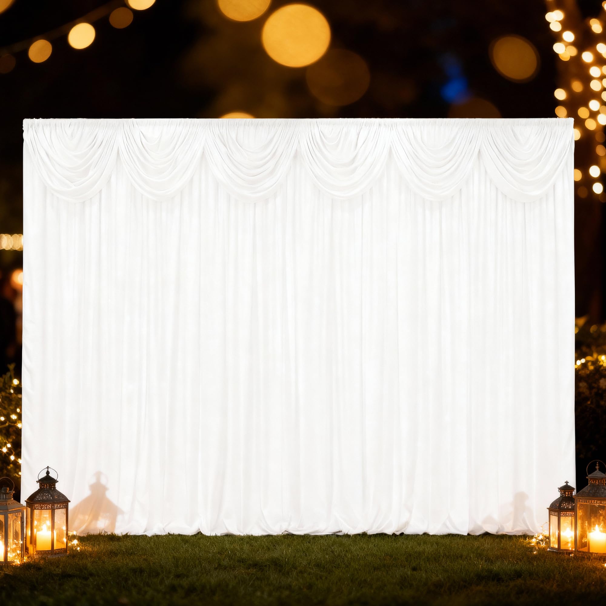 Trimming Shop Toile de fond blanche en soie glacée avec feston détachable pour mariage, fête, événement, anniversaire, Noël, studio photo, festival, décoration de fenêtre, 3 x 6 m