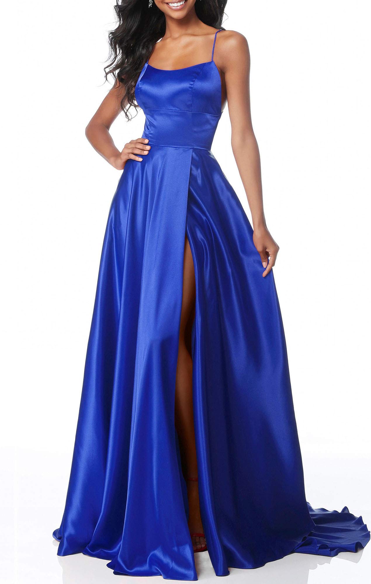 LecurelerLong Satin Spaghetti Strap Prom Dress