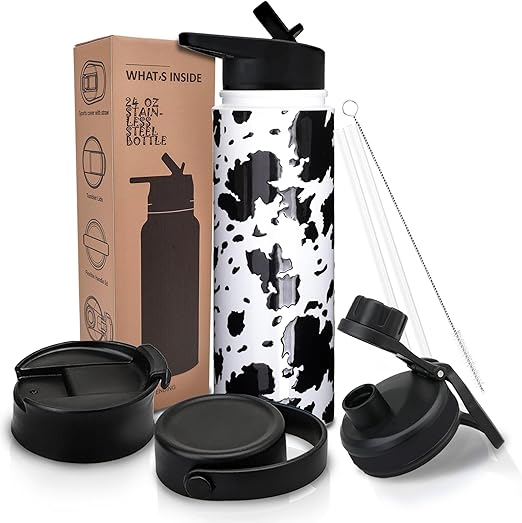 oia Cow Print Sport Water Bottle with Straw 4 Lids