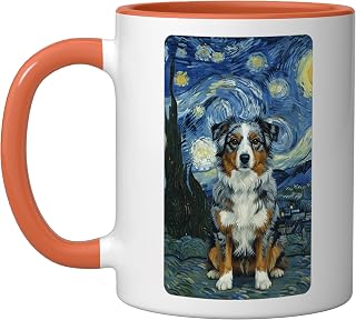 Australian Shephed Starry Night Style Painting Dog Lovers Ceramic Mug, Orange/White