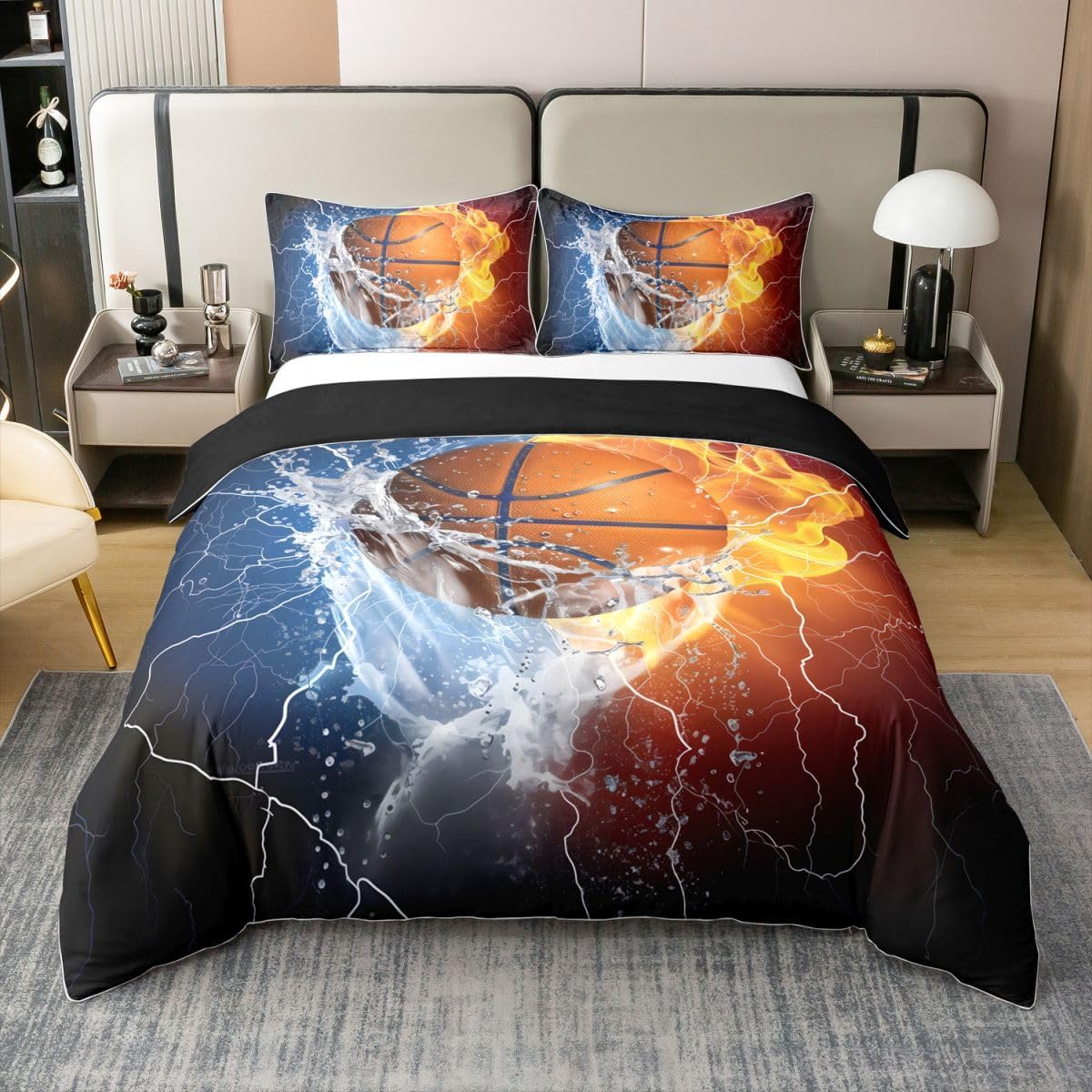 Castle Fairy Sport Basketball 100% Cotton Bedding Sets Twin Size 3D Sports Games Bedding Set Breathable Cool Style Bedspread Cover 2Pcs(No Comforter) Yellow Blue