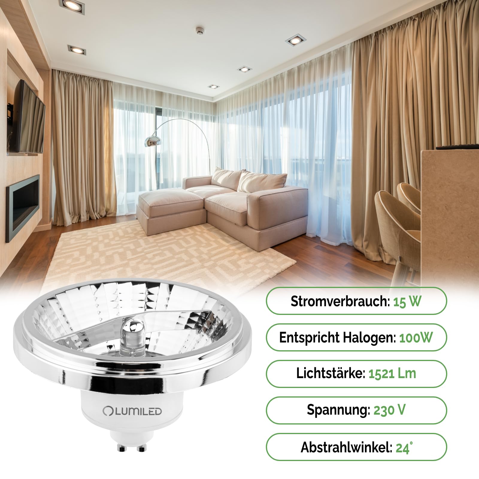 Lumiled LED-Leuchtmittel 10er Set ES111 GU10 Fassung Spannung 230V 15W (Entspricht 100 Watt) Warmweiß 3000K 24 Grad Abstrahlwinkel Silber 1521 Lumen Ra>80 Aluminium PC