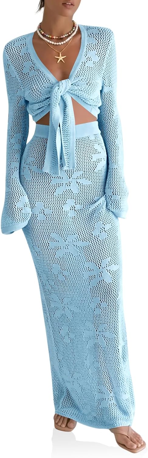 Womens Summer Beach Swimwear Bathing Suit Cover Up Swimsuit Coverup 2 Piece Crochet Cardifan Tops+Long Skirt Sets