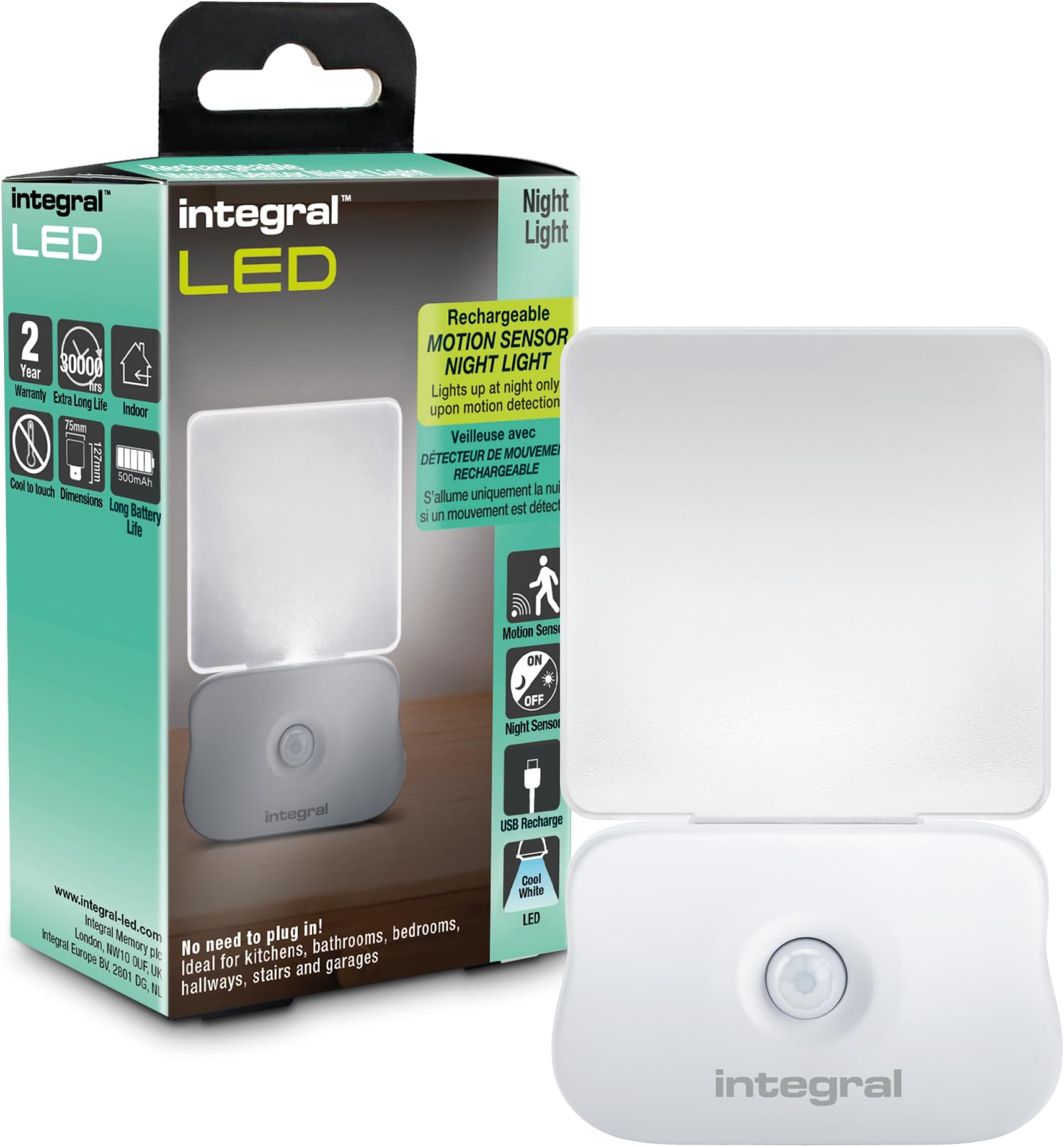 Integral LED Motion Sensor Night Light Wall Mountable Rechargeable 500mAh Battery Auto On/Off Portable Ideal for Stairs, Hallways, Porches, Bedrooms, Nurseries
