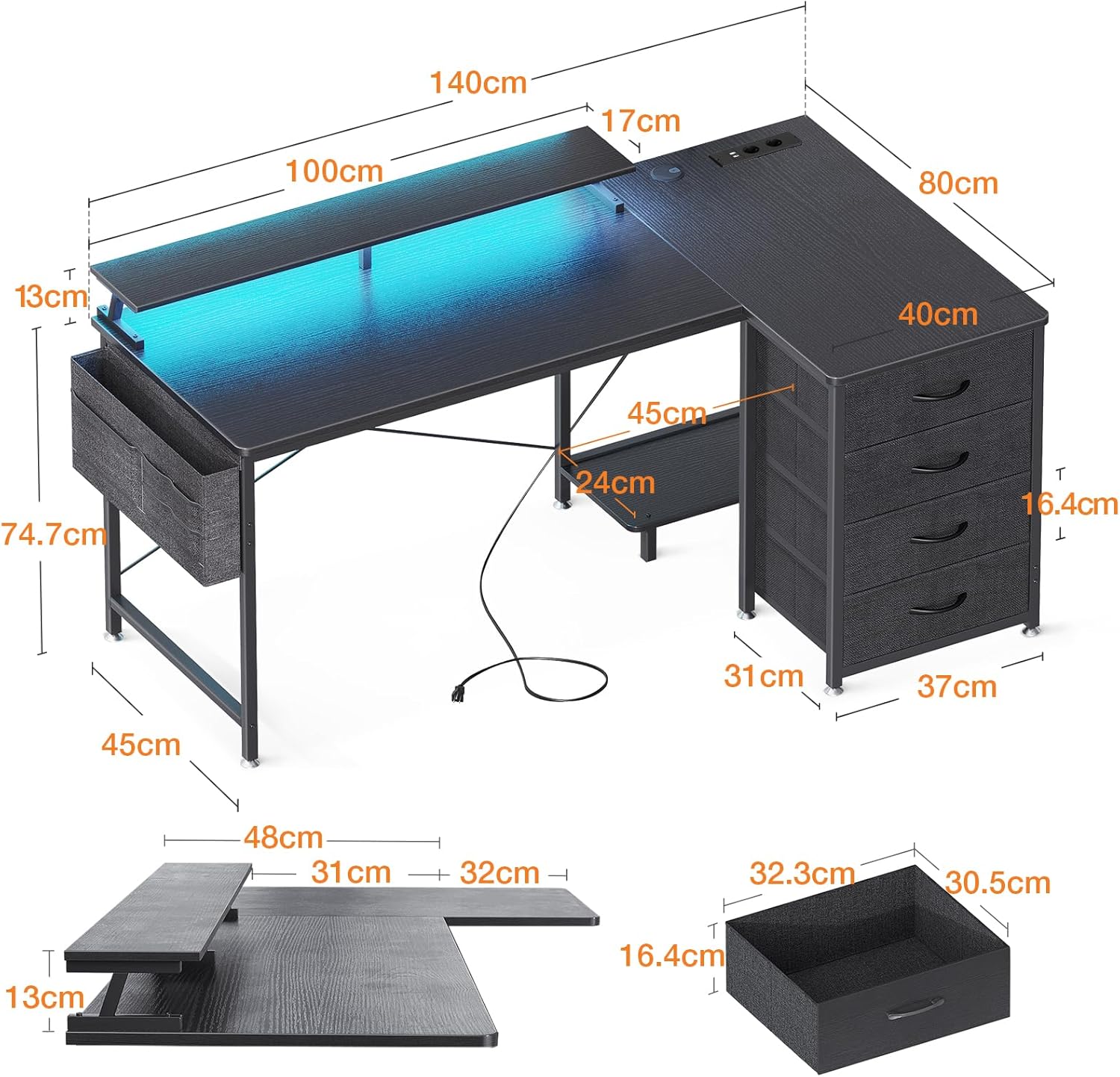 ODK L-ПОДІБНИЙ СТІЛ З 4 ТКАНИННИМИ ШУХЛЯДАМИ ЧОРНИЙ 140 СМ