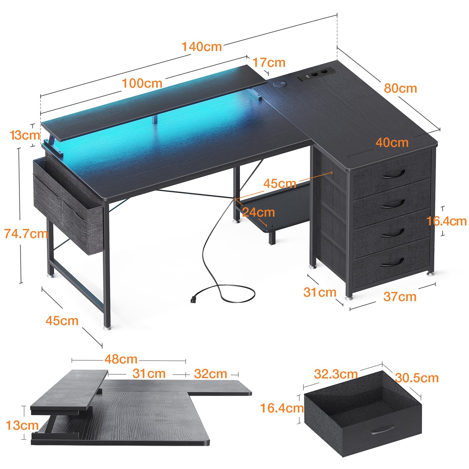 ODK Scrivania Gaming Angolare, Scrivania Angolare Reversibile con 4 Cassetti, Tavolo a Forma di L con LED e 2 Porte di Ricarica USB e 2 Prese di Corrente per Casa Ufficio (Nero, 140x80x84.7cm)