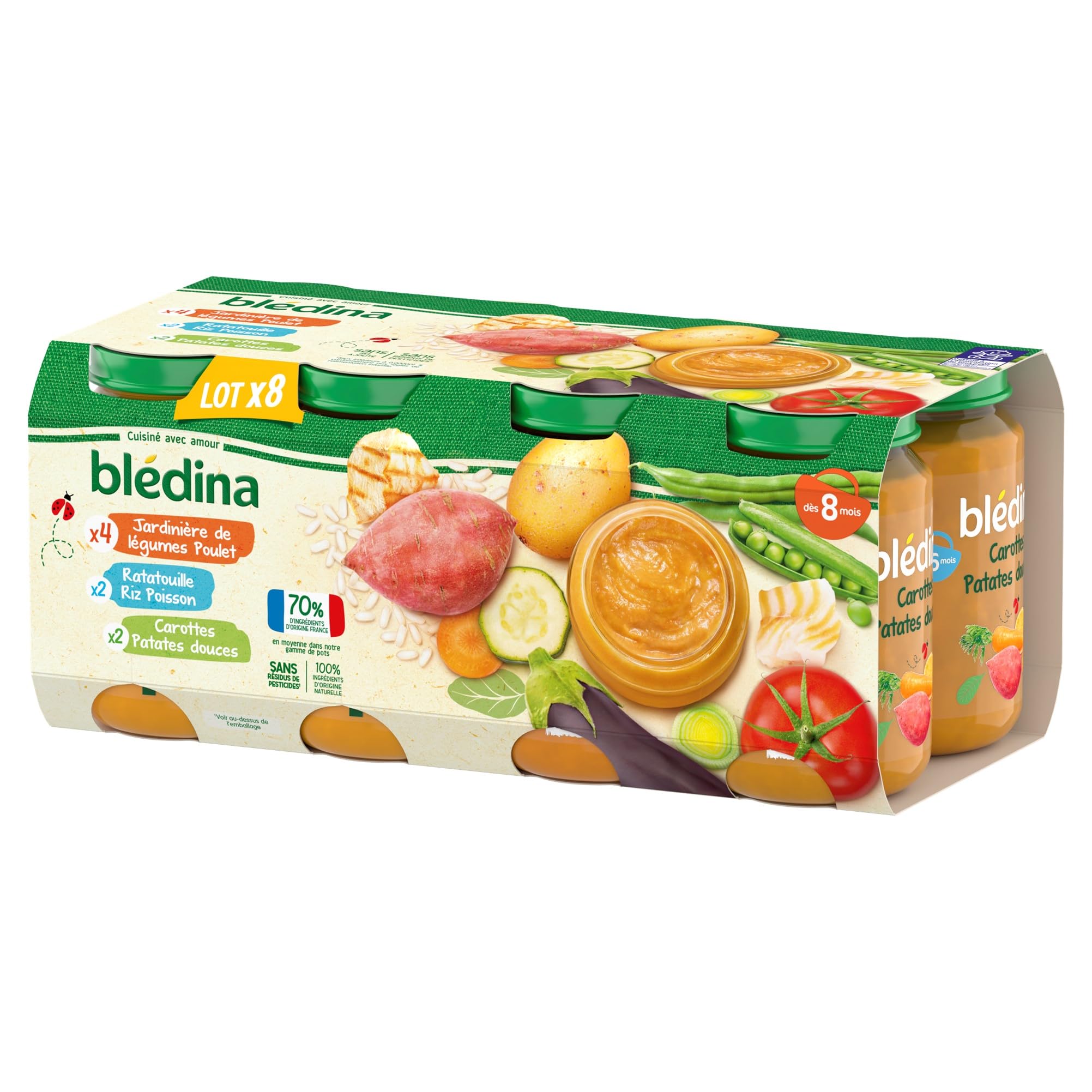 Blédina Petits Pots pour bébé, Dès 8 Mois, Légumes Poulet / Ratatouille Riz Colin / Carotte Patate Douce, 24x200g (3 packs)