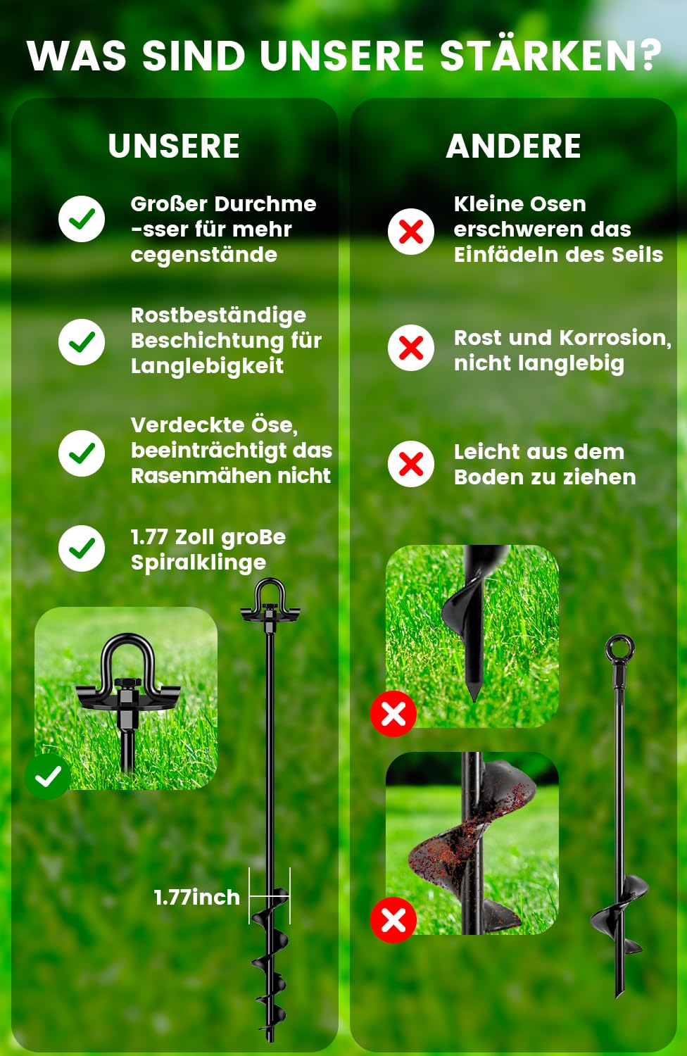 Erdanker Schwerlast 4 Pack (65cm)– Trampolin Erdanker für Garten, Schuppen & Schaukel, Spiral Bodenanker mit versteckter Öse, Rasenmäherfreundlich, Montage mit Bohrmaschine oder T-Griff, Sturmfest