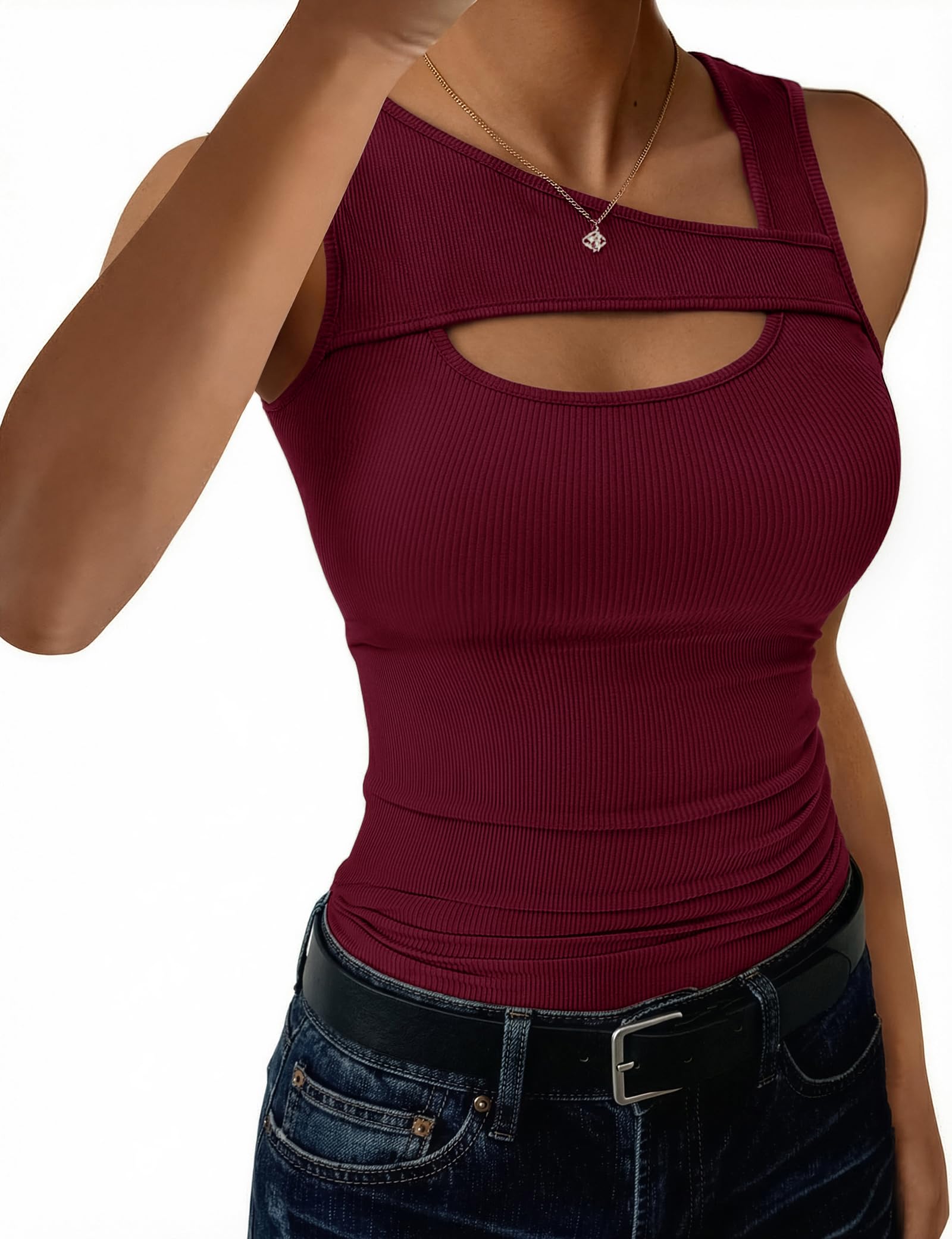 Aottori Tank Top Damen Asymmetrischer Ausschnitt Tops Gerippt Sommer Tanktop Slim Fit Sexy Oberteile Cut-Out Stretch Basic Shirt Ärmellos Casual Einfarbig