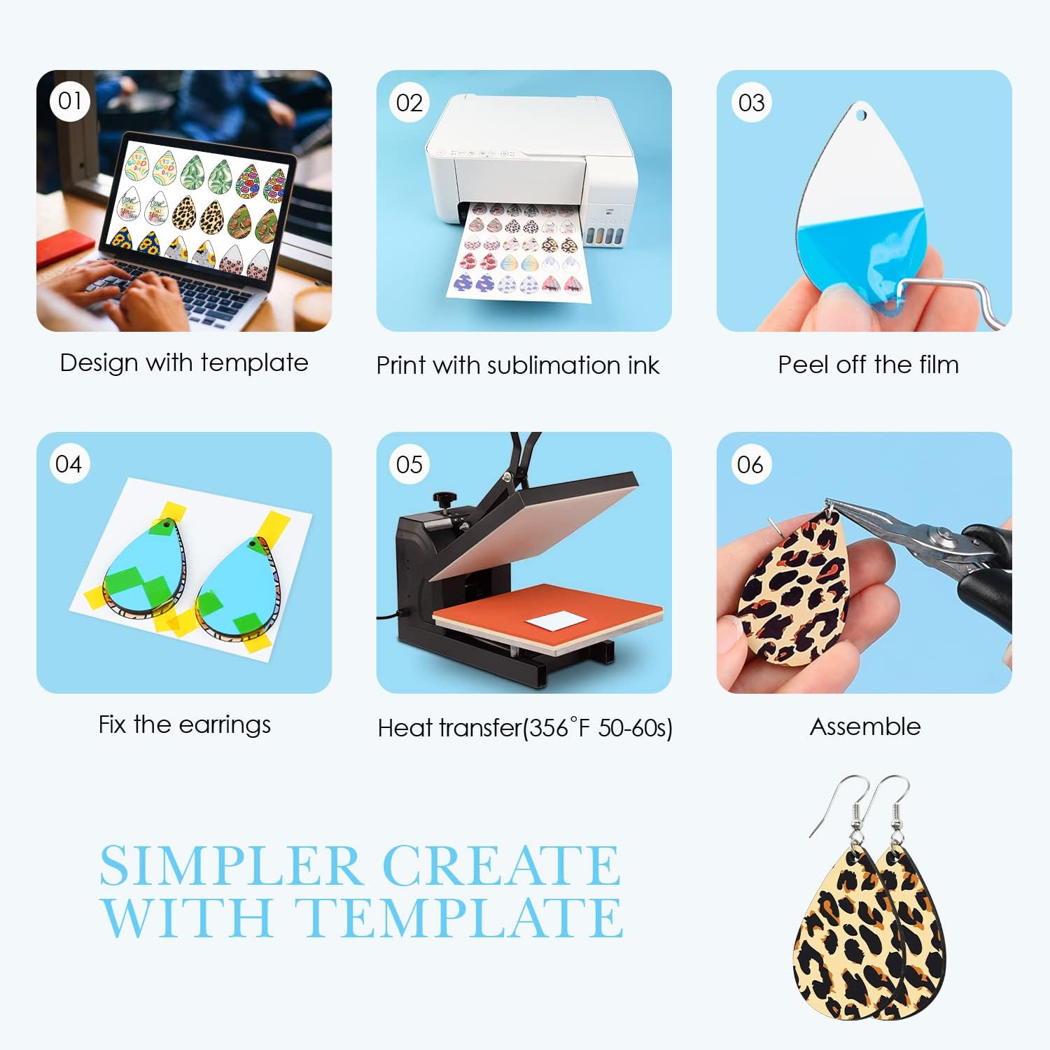 HTVRONT Sublimation Wood Earring Blanks Bulk - 50 Pcs with Blue Protective Film - Unfinished MDF Teardrop Earrings for Sublimation Printing with Template, Weeder, Hooks, Jump Rings - Image 6