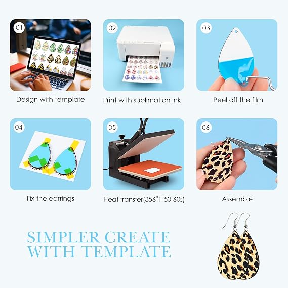 HTVRONT Sublimation Earring Blanks Bulk - 30 Pcs Wood Earrings Blanks with Blue Protective Film - Unfinished MDF Teardrop Earrings for Sublimation Printing with Template, Weeder, Hooks, Jump Rings
