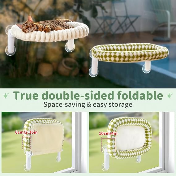Sunhoo Cat Window Perch Bed Foldable Kitty Windowsill Hammock Shelf Seat Large Cats Suction Cup Indoor Kitten Window Sill Lounger with Soft Plush Cushion Machine Washable 21.26 * 11.8in (Green, M)