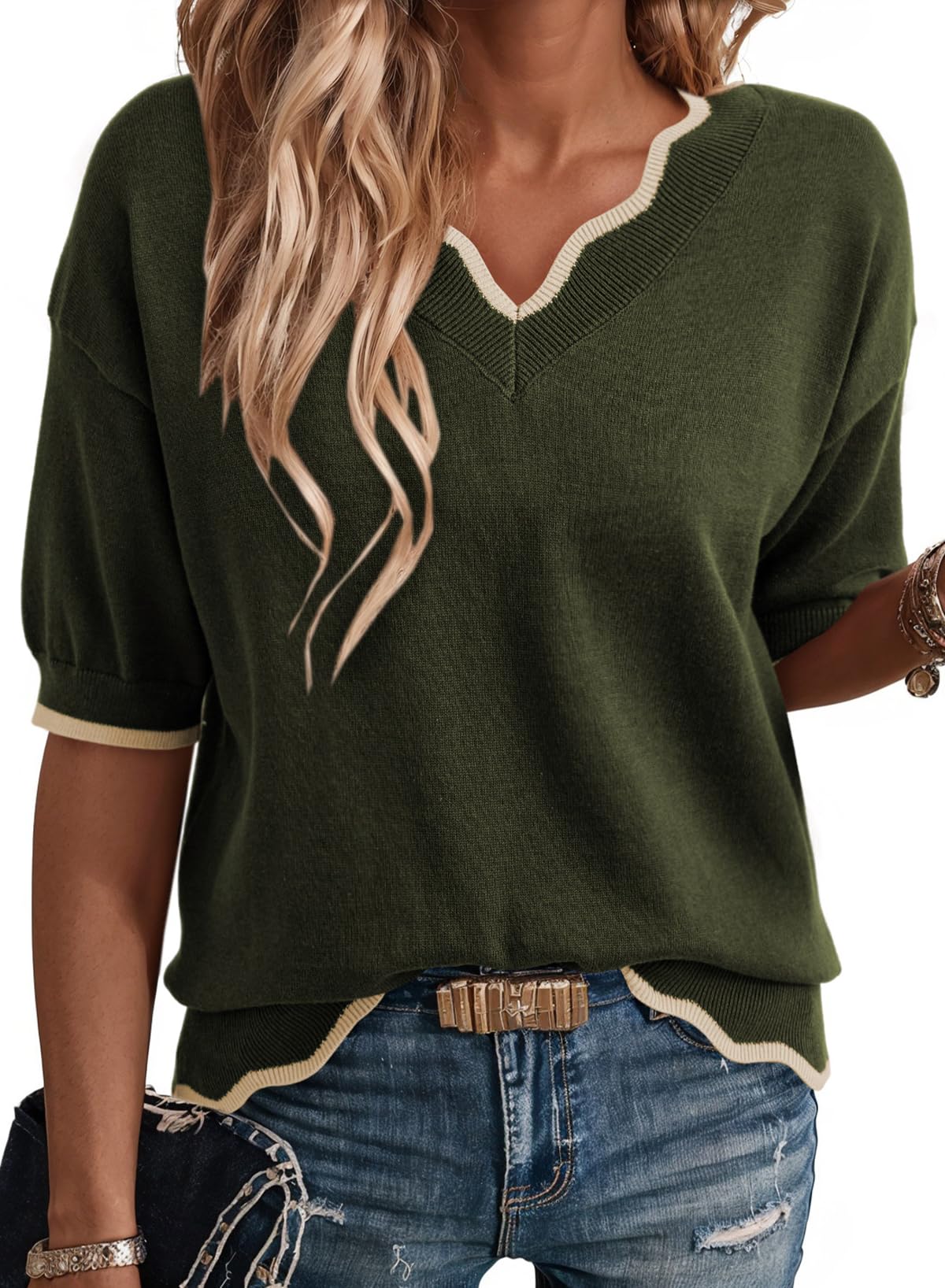 Dokotoo Womens Casual V Neck Short Sleeve Sweater Ribbed Knit Lightweight Sweaters Tops Fashion Clothing Outfits