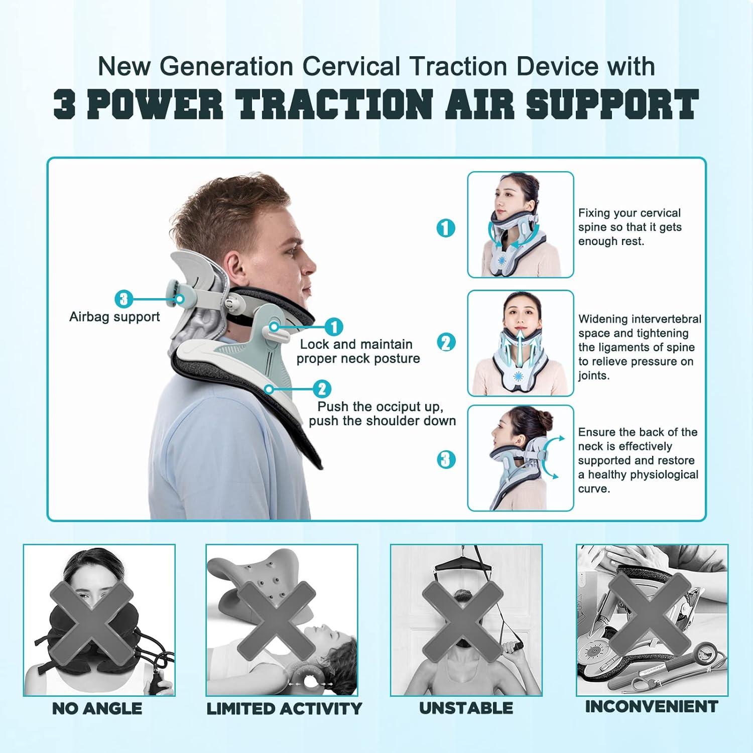 Cervical Neck Traction Device,Electric Air Pump Neck Stretcher Cervical Traction Device,with 3 Power Traction and 8 Airbag Support,Neck Brace which Decompresses the Neck and Relieves - Image 2