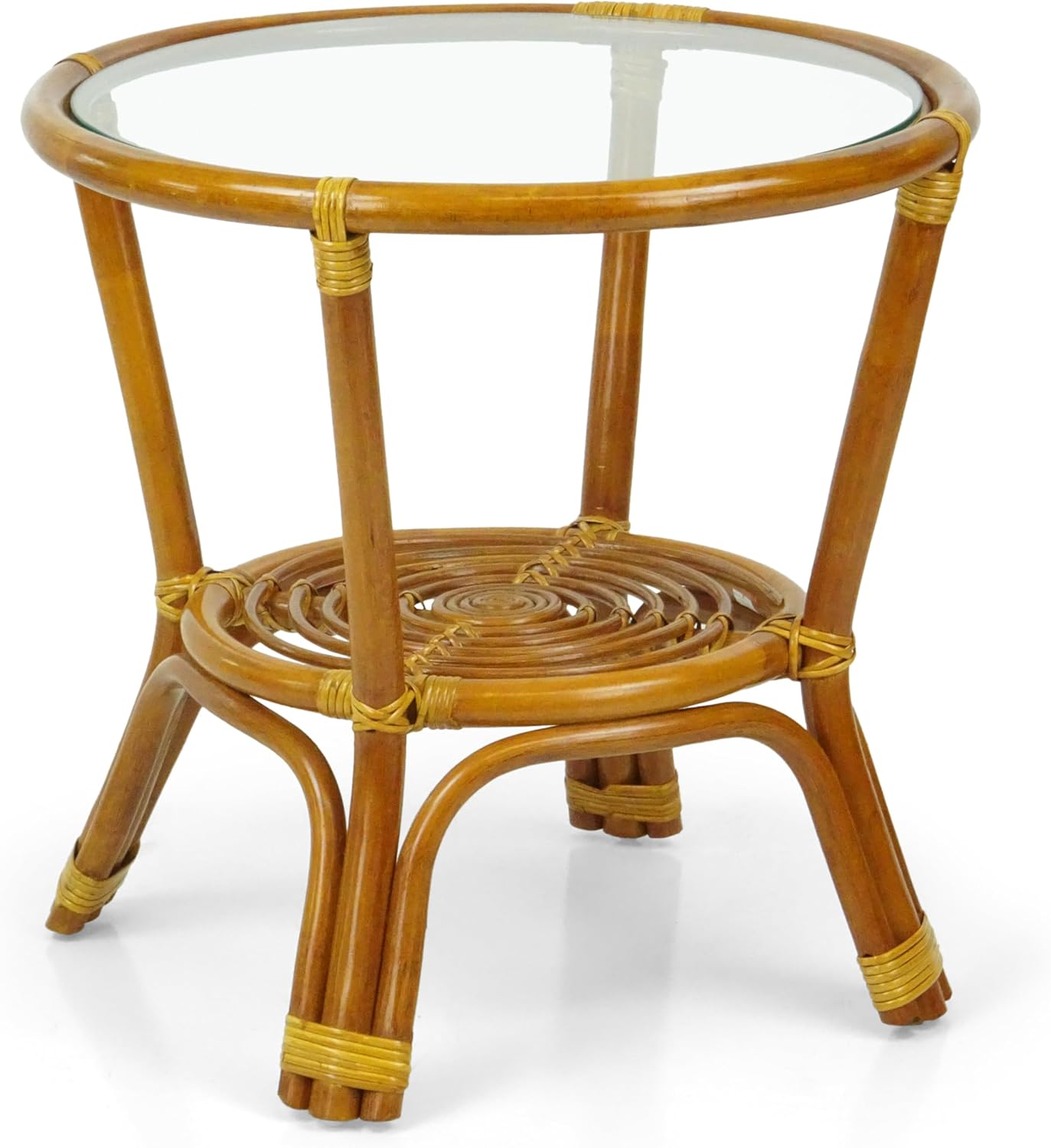 Round Coffee Table w/Glass Top Natural Rattan Wicker ECO Handmade, Cognac