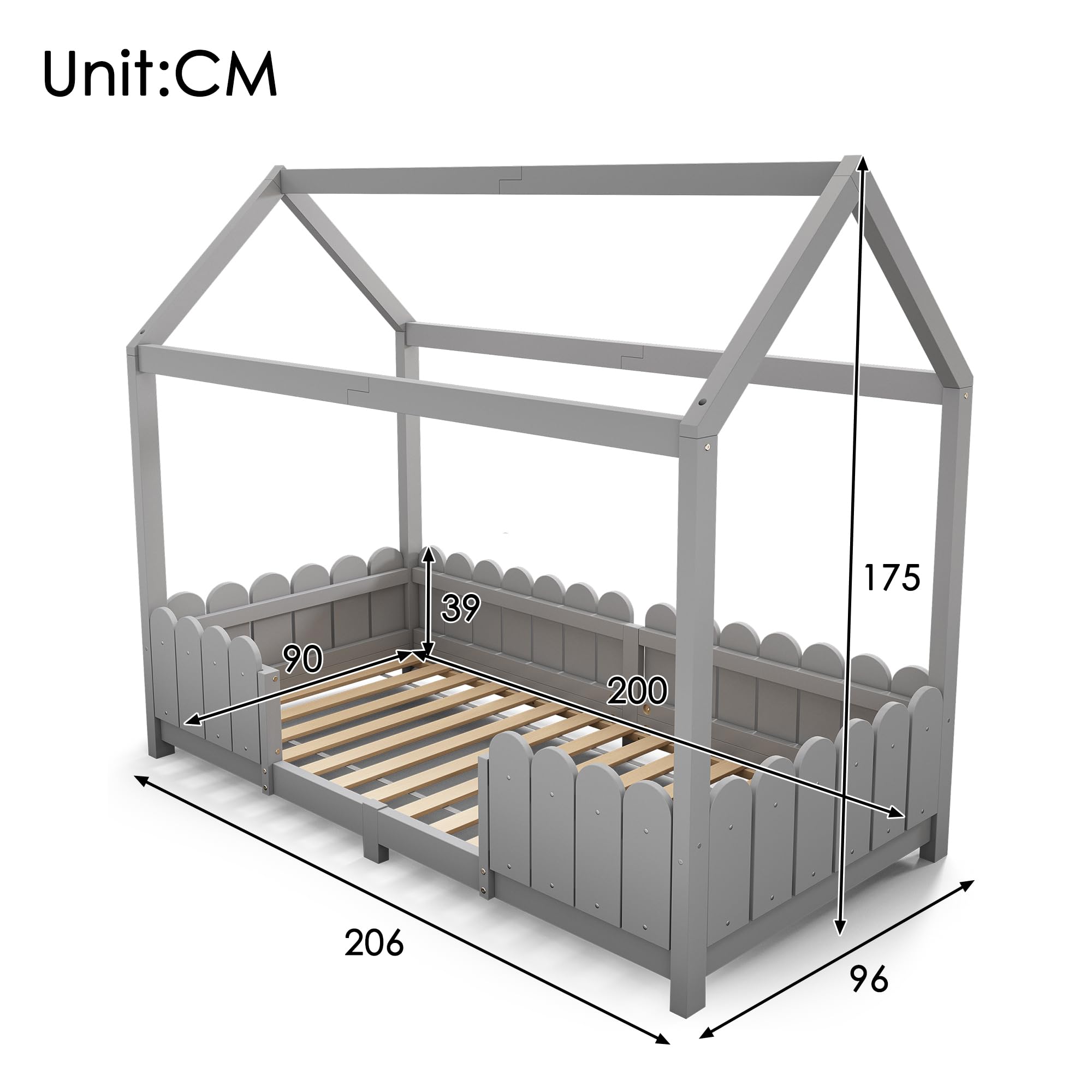 LINKHOO lit cabane bébé, en Bois Polyvalent, pour garçons et Filles, avec Protection Contre Les Chutes et sommier à Lattes(sans Matelas), 90x200 cm, Gris