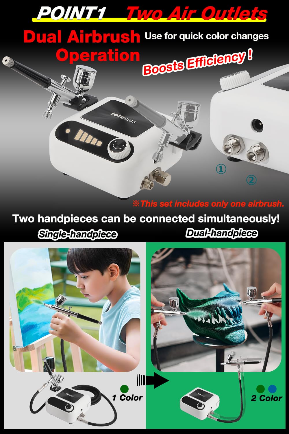 Kit de aerógrafo con compresor, puede conectar dos aerógrafos, 41PSI, encendido y apagado automático, 5 niveles ajustables, doble acción, boquilla de 0.3 mm, compacto, juego de compresor de aerógrafo