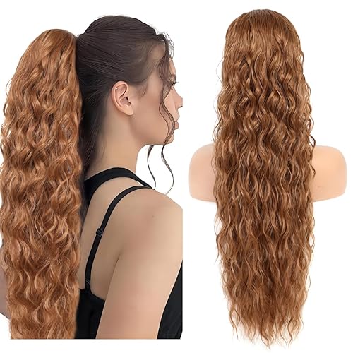 Miuric Extensión de cola de caballo de 24 pulgadas, rubio claro y rubio dorado, extensiones de cabello con cordón para mujer, cola de caballo larga,