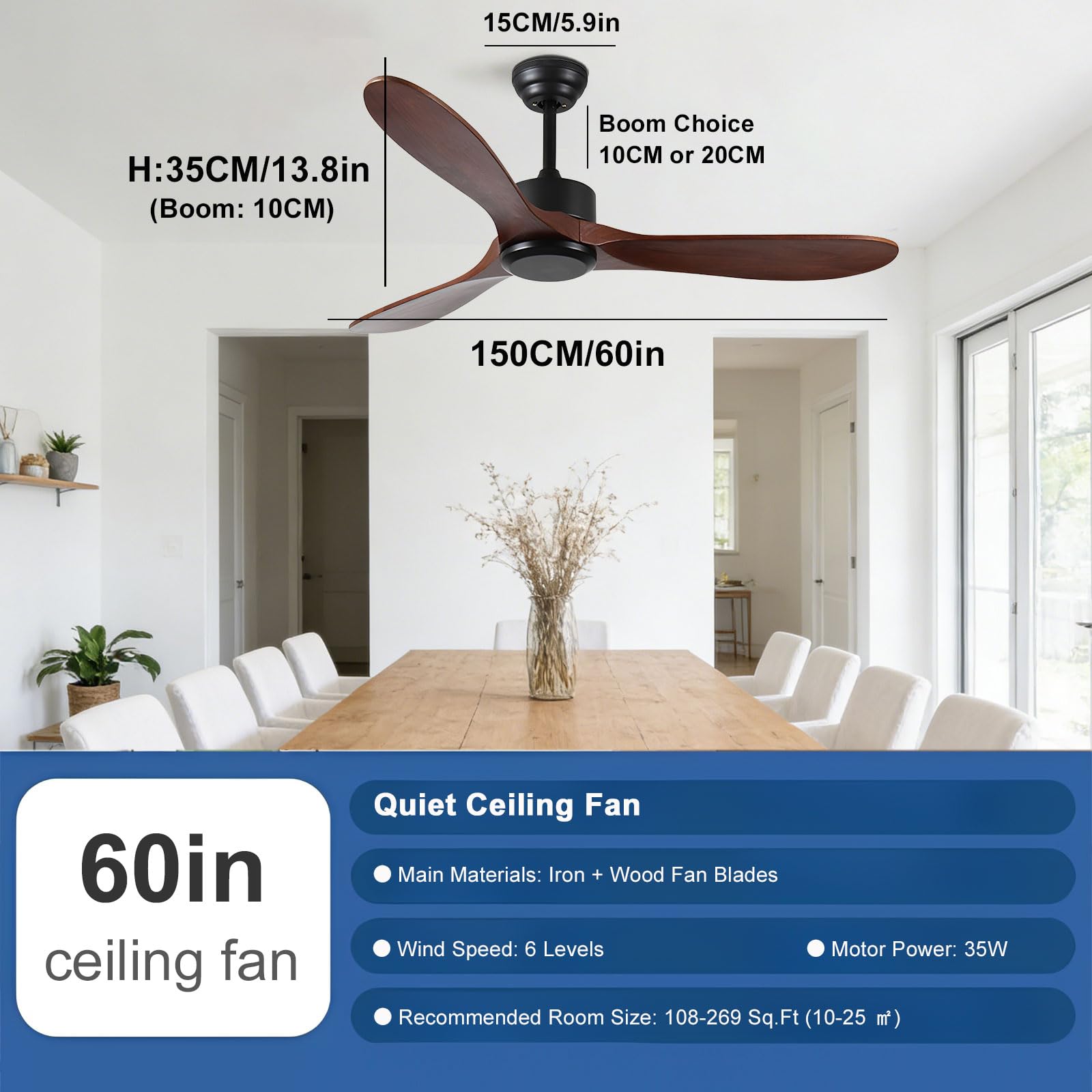 Ventiladores de Techo Inteligentes Modernos con Control Remoto/aplicación/Voz, 6 velocidades, silenciosos, de Madera, sin Luces, de Perfil bajo, para Dormitorio/casa de Campo/Patio