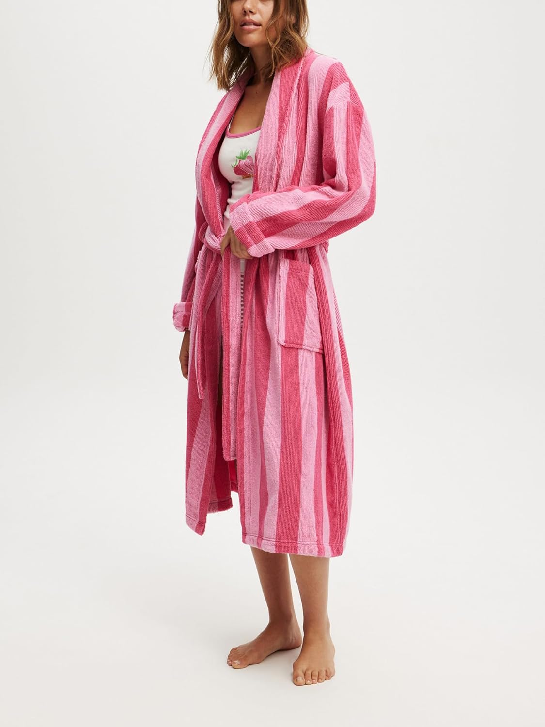 Women Fluffy Robe Soft Shawl Collar Striped Plush Bathrobe Cute Lightweight Fuzzy Warm Gown with Pocket