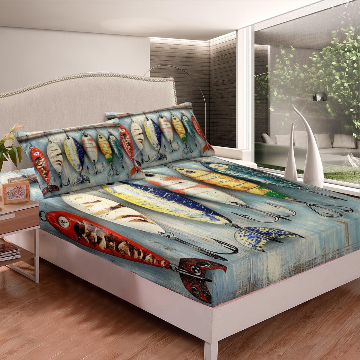 Feelyou Colorful Fish Sheets Fish Hook Fishing Theme Bedding Set Kids Boys Girls Wild Animal Bed Sheets Wood Print Sheets Set Bedroom Collection 4Pcs Full,1 Fitted Sheet+2 Pillow Sham+1 Flat Sheet