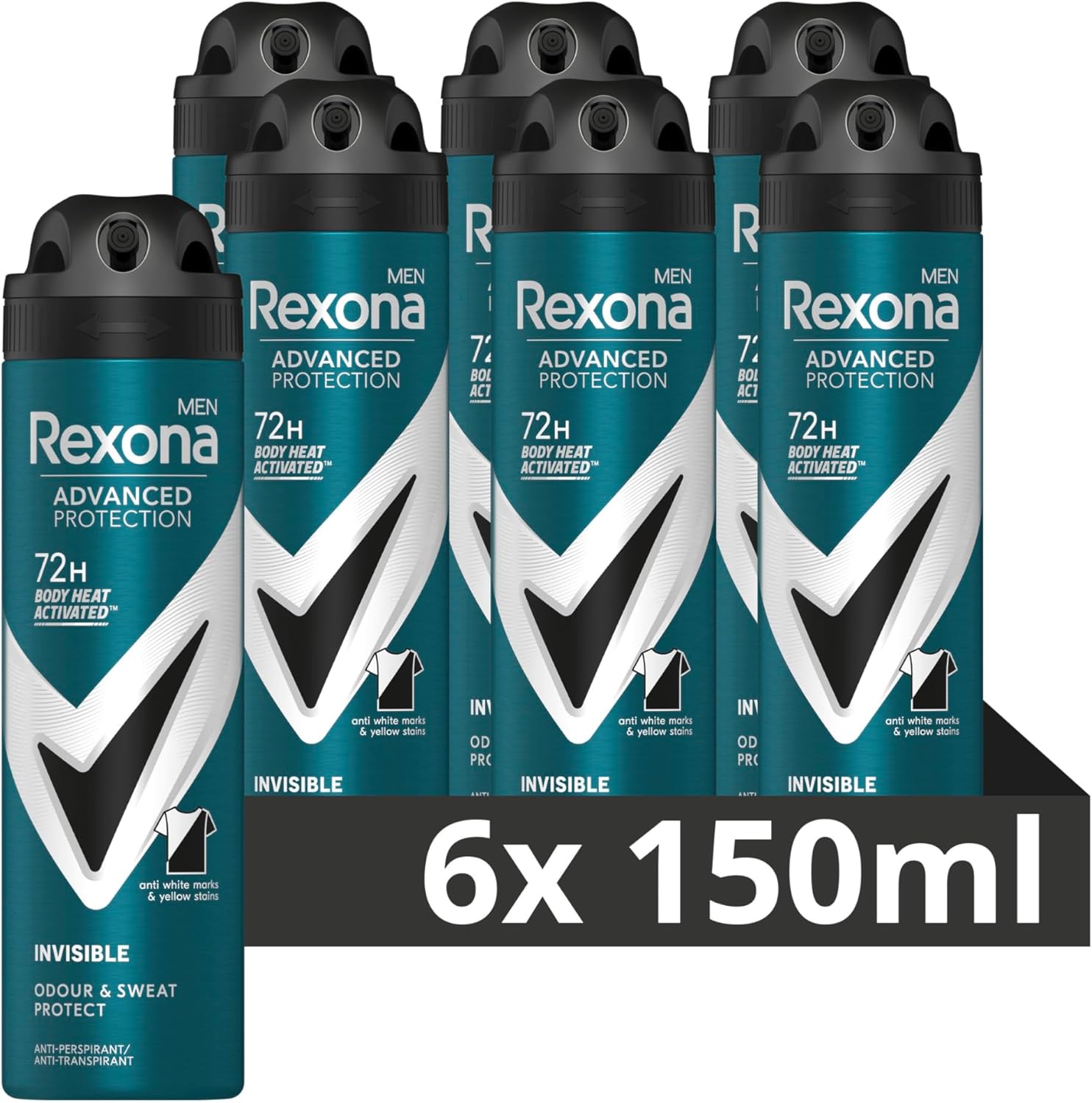 Rexona Men Advanced Protection Invisible Anti-Transpirant Deodorant Spray, biedt tot 72 uur bescherming tegen zweet en lichaamsgeur – 6 x 150 ml – Voordeelverpakking