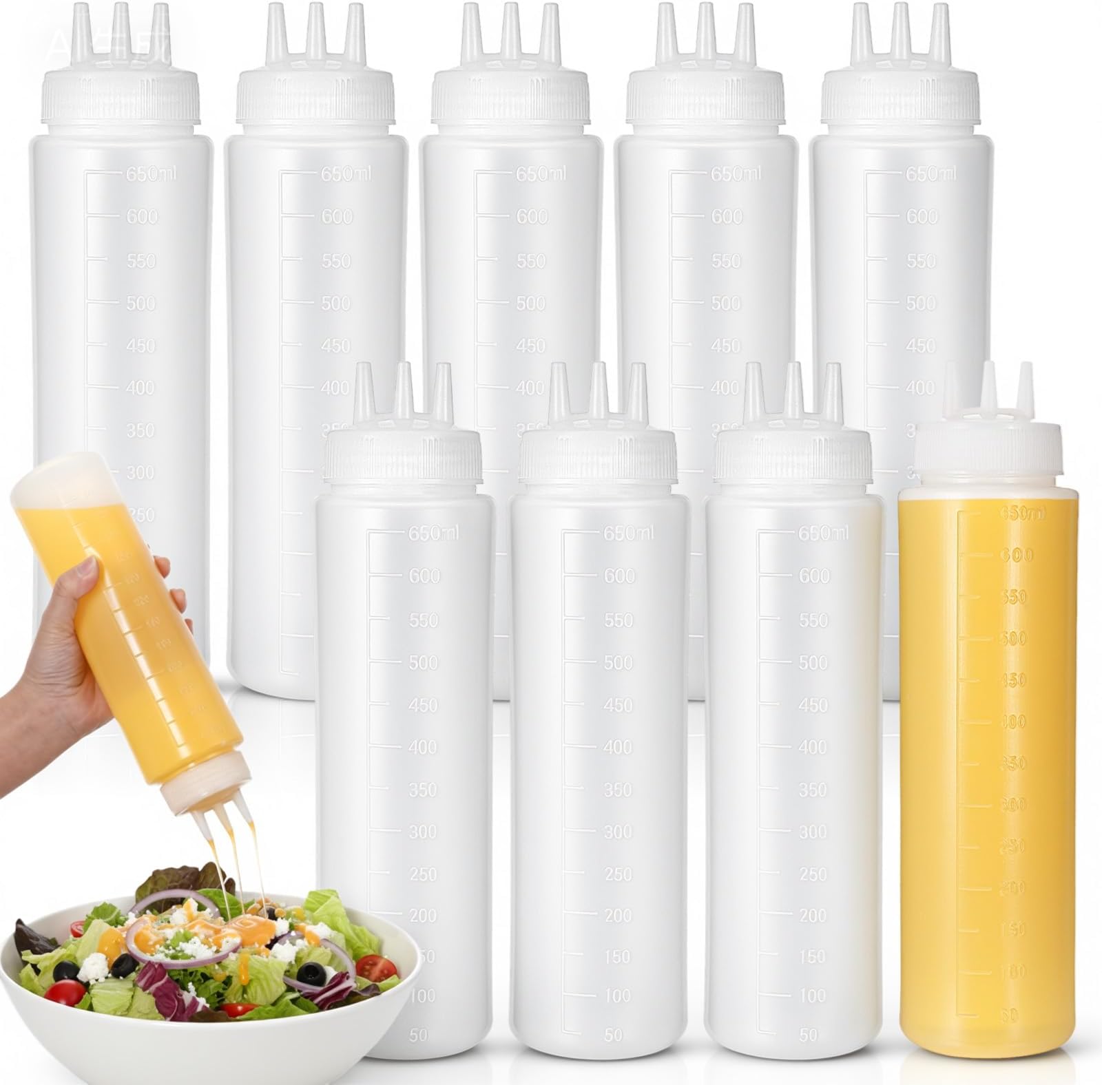 10pcs 23oz Plastic Condiment Squeeze Bottles 3 Hole Squeeze Bottles for Sauces Refillable Plastic Dressing Squirt Bottle Leak Proof Ketchup Dispensers Salad Dressing Container for Oil BBQ Honey Paint