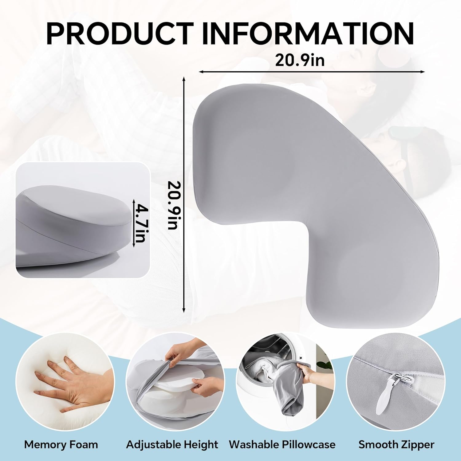 ROYALAY Cuddle Pillow, Adjustable Height Side Sleeper Pillow with Arm Hole for Adults, Memory Foam Neck Support for Couples Relieve Pressure with Washable Cover