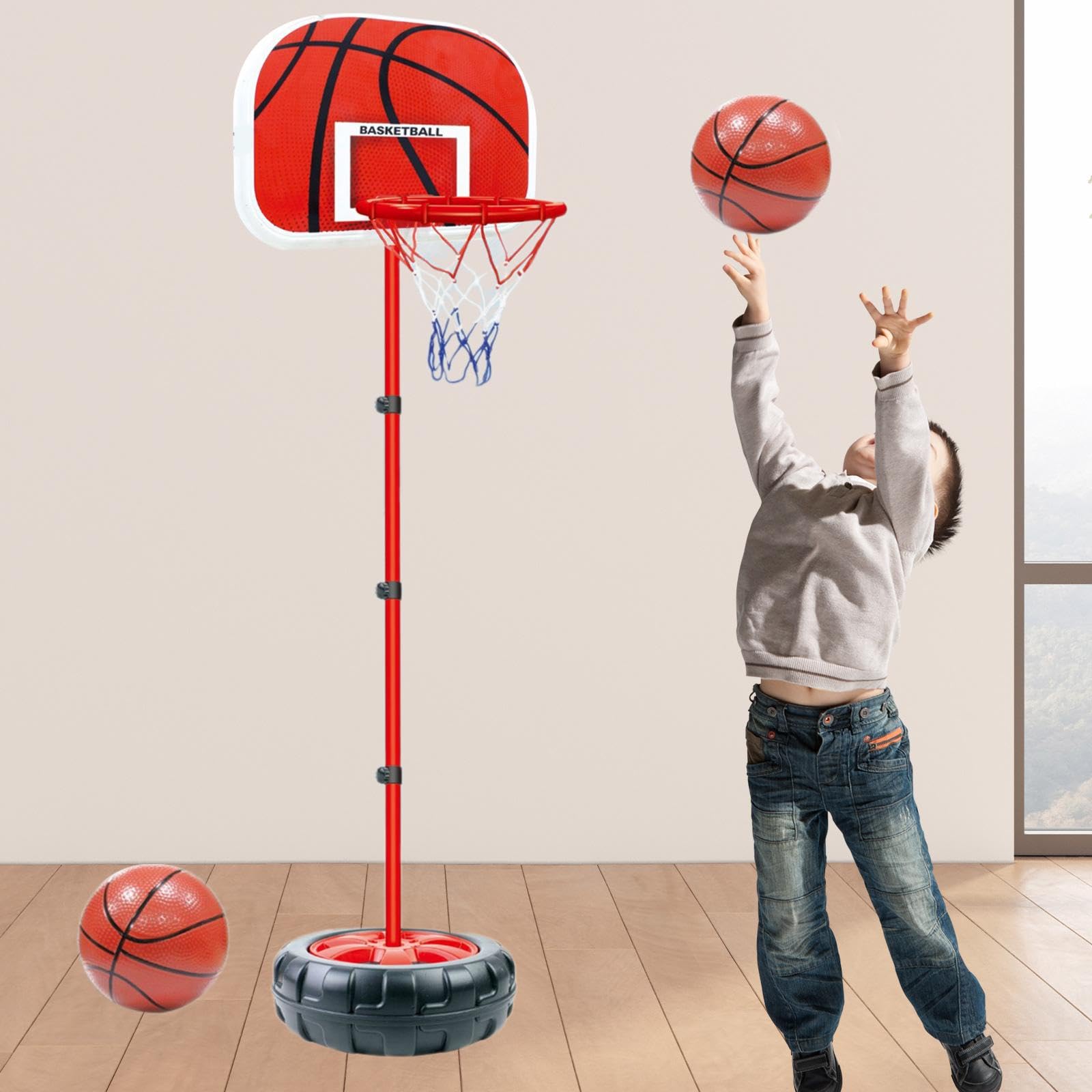Aro de Baloncesto Infantil Ajustable Juego de Basketball para Niños Soporte Portátil con Bomba Juguete Interactivo Adecuado para Casa Oficina Patio Re