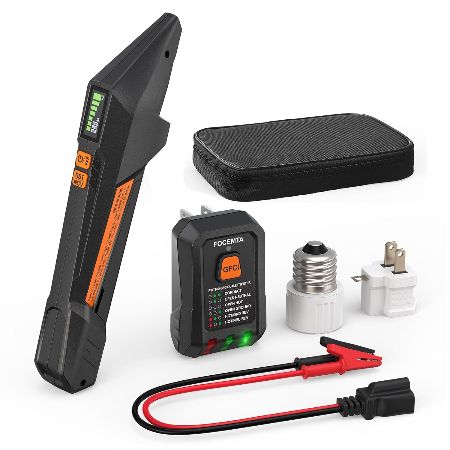 Circuit Breaker Finder and GFCI Outlet Tester – Digital Receiver with Color Screen & NCV Detection for Home Electrical Safety Including Carrying Case and Adapters 90-135V AC Circuits - FTCT02