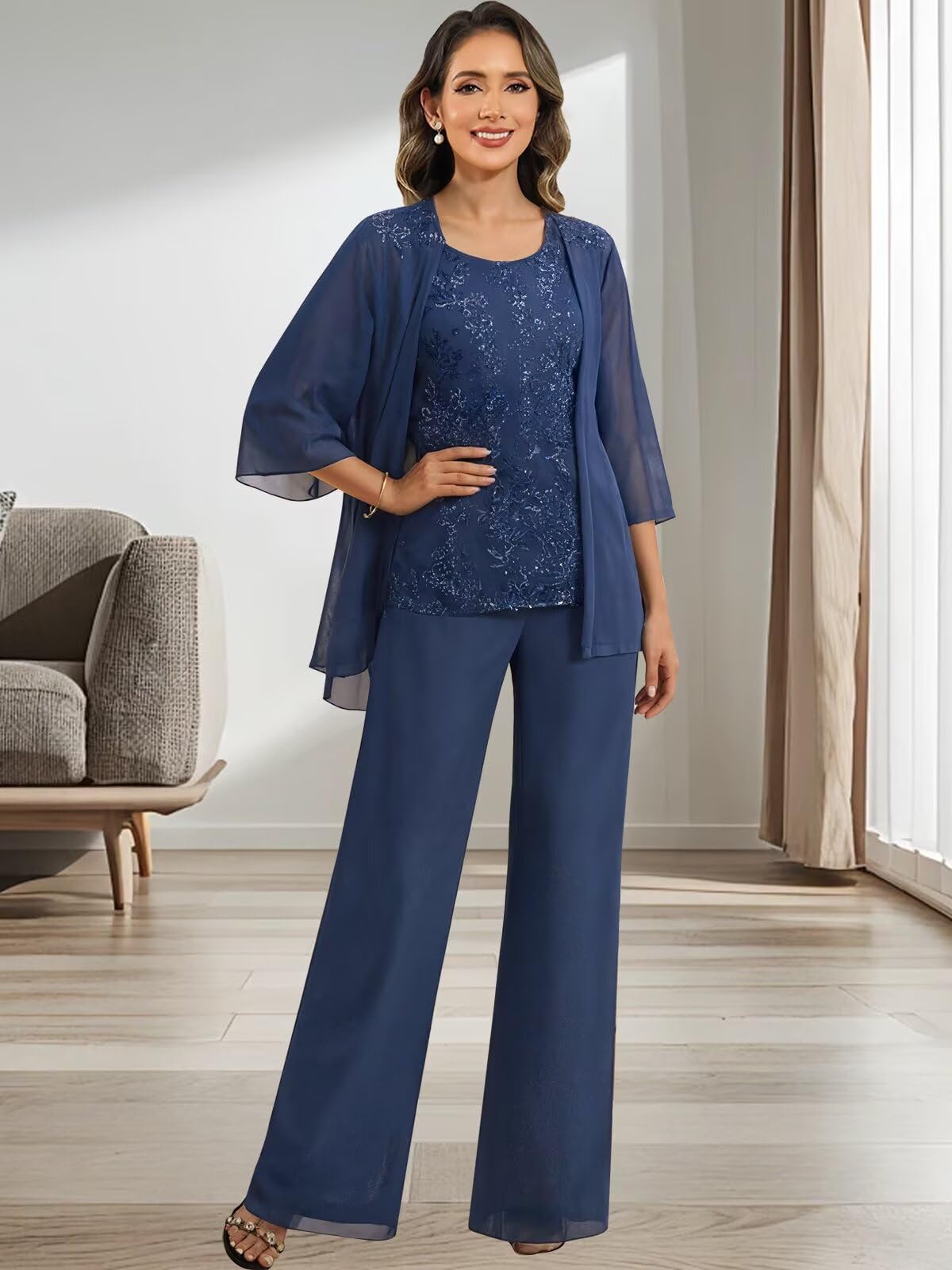 JAEDEN Damen Hosenanzug für Hochzeit Chiffon Brautmutter Anzug Festlich 3 Teilig Hosen Set Koralle 34