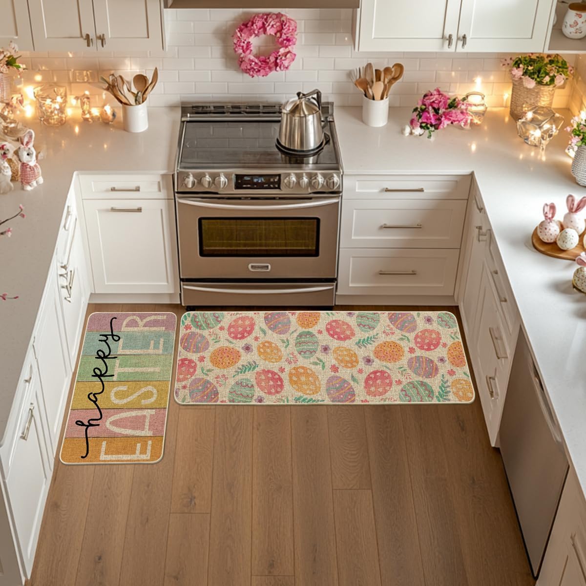 Artoid Mode Colorful Eggs Happy Easter Kitchen Mats Set of 2, Spring Home Decor Low-Profile Kitchen Rugs for Floor - 17x29 and 17x47 Inch