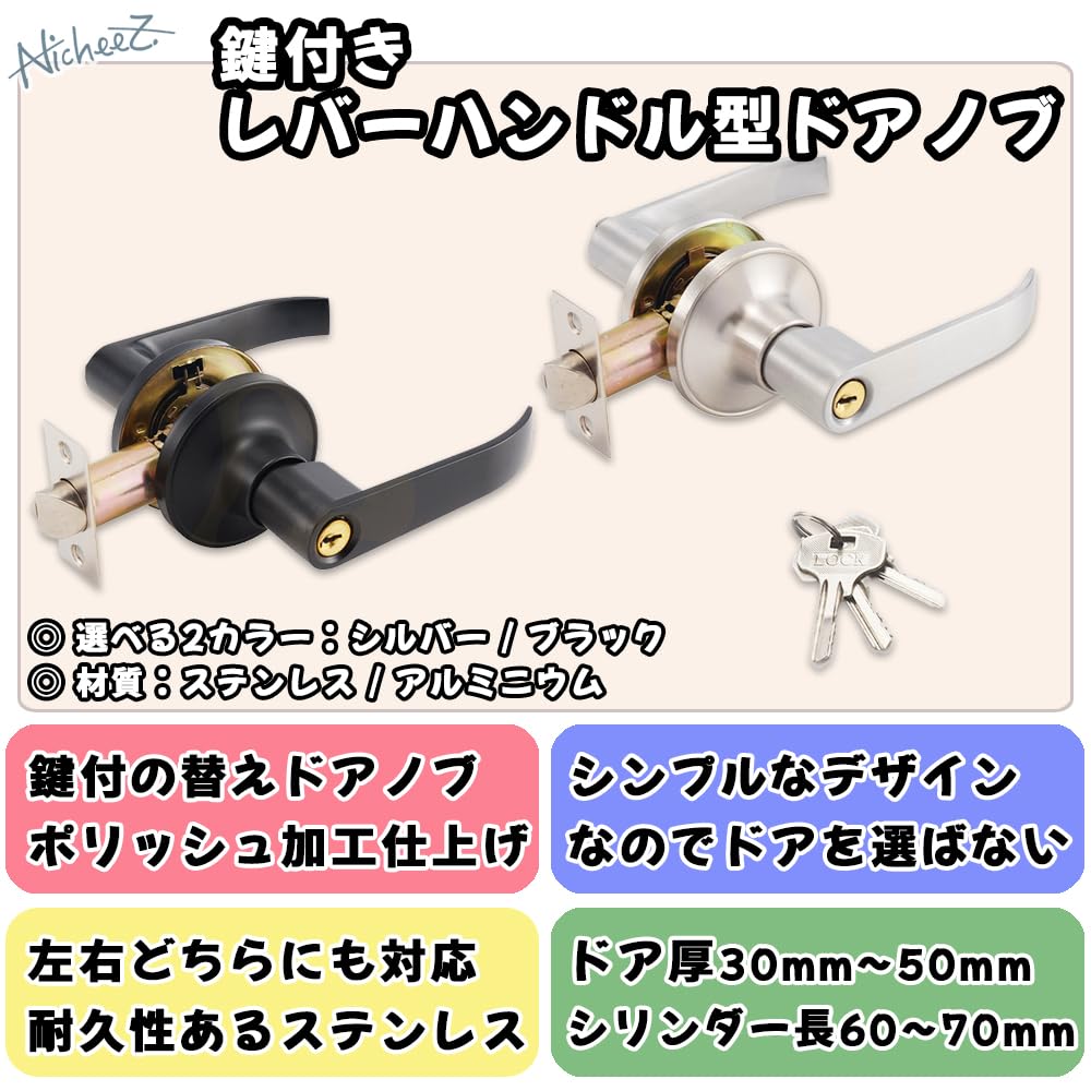 Amazon.co.jp: Nicheez ドアノブ 鍵付 レバーハンドル型 交換用