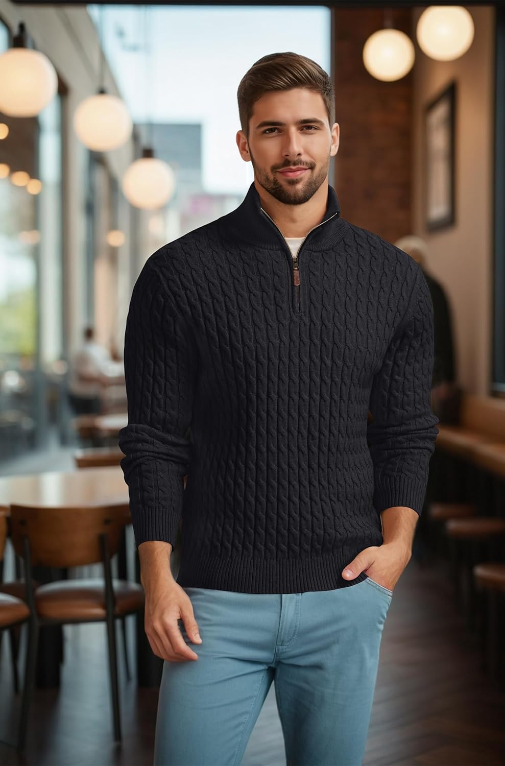 Askdeer Men's Quarter Zip Pullover Sweater Cable Knit Mock Neck Polo Sweater Classic Casual Sweater with Ribbing Edge - Image 2