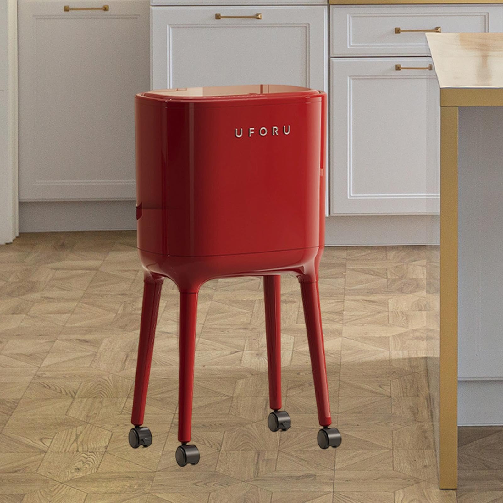 Cestino con Coperchio E Ruote, Grande Pattumiera, Cestino Ergonomico per La Carta, Contenitore Multifunzionale per Rifiuti in PP per Cucina, Soggiorno, Rosso