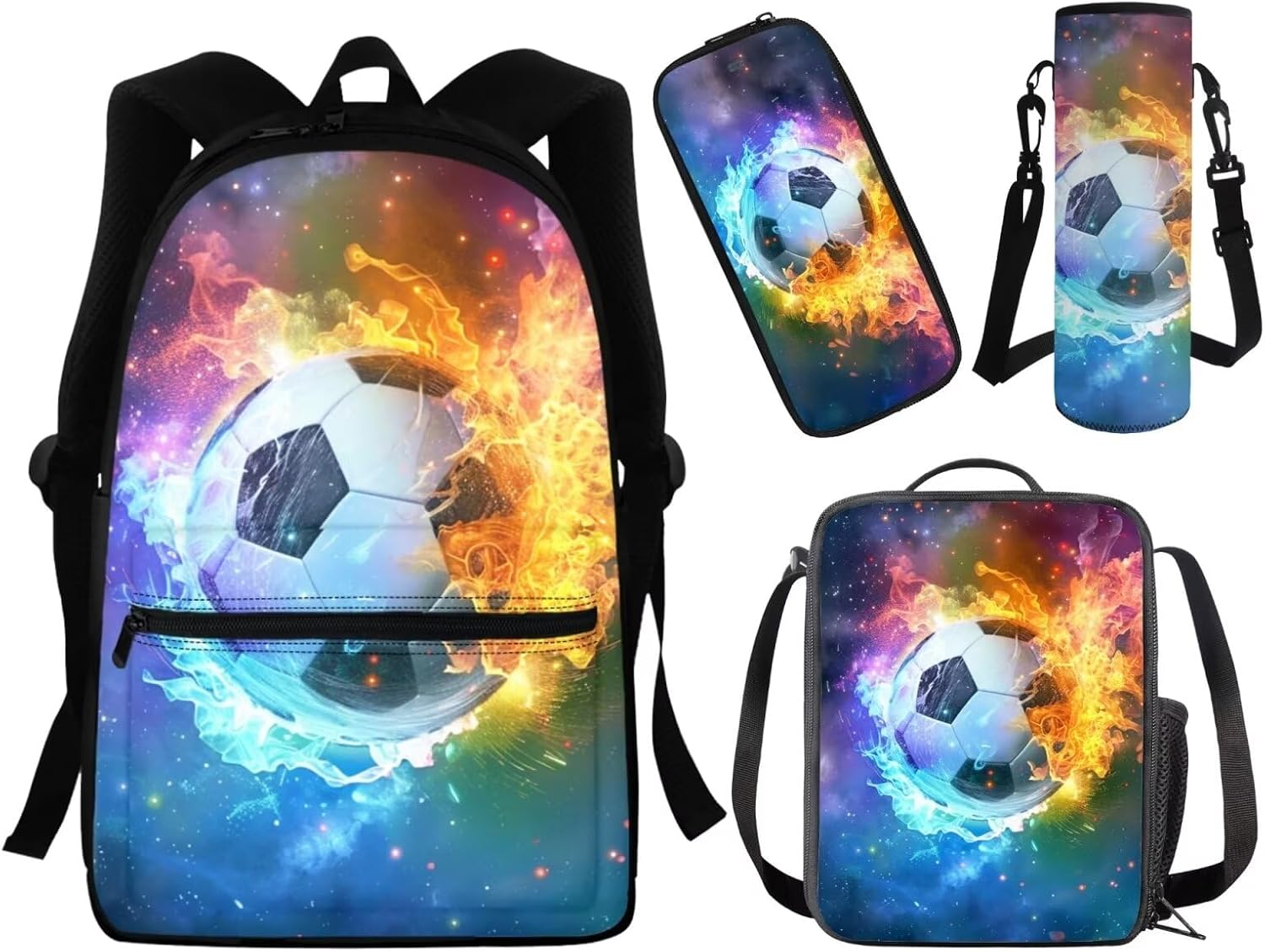 Flame Water Soccer School Backpack Set for Boys 8-10 Backpack with Lunch Bag Pencil Case Water Bottle Sleeve Kids Trendy Backpacks 4 in 1 for Elementary Middle School