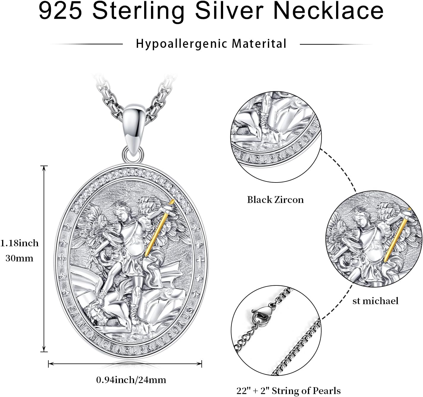 St. Michael Necklace 925 Sterling Silver Saint Michael Pendant White Gold/Malachite/Black Gold/Abalone/Gold Archangel Amulet Jewelry Gift 22" + 2" String of Pearls - Image 6